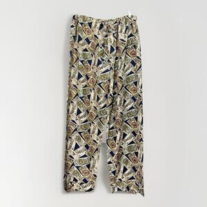 Vintage 100% Silk Mens Large Lounge Money Printed Sleep Pants Drawstring Button